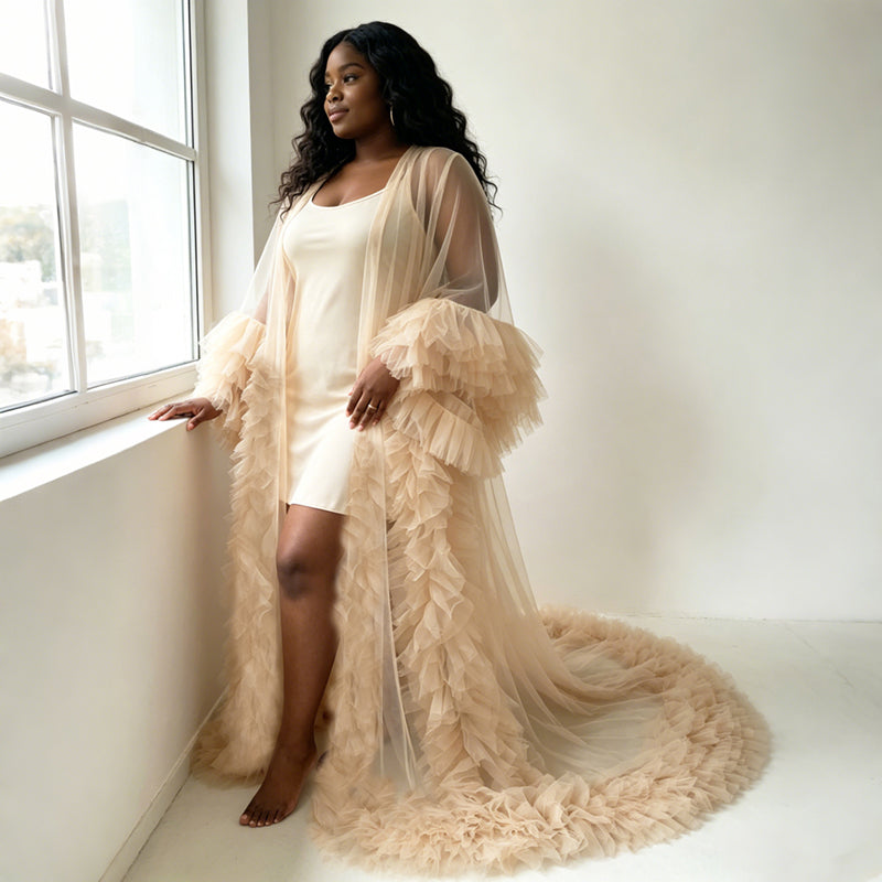 Champagne Tulle Long Robe for Wedding,Maternity Photo Shoot