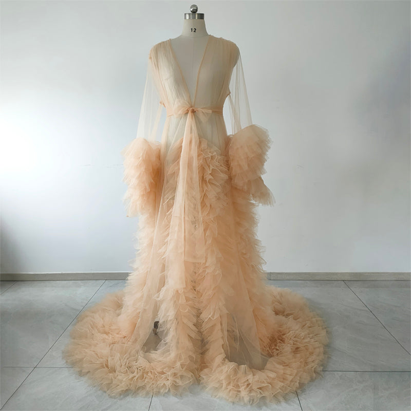 Champagne Tulle Long Robe for Wedding,Maternity Photo Shoot