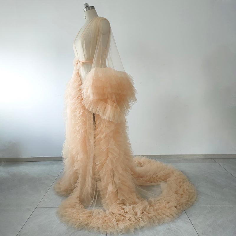 Champagne Tulle Long Robe for Wedding,Maternity Photo Shoot