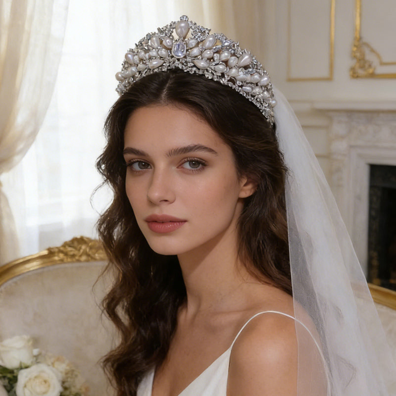 Lustrous Pearl & Crystal Tiara – Opulent Bridal Crown for Weddings, Birthday & Special Occasions