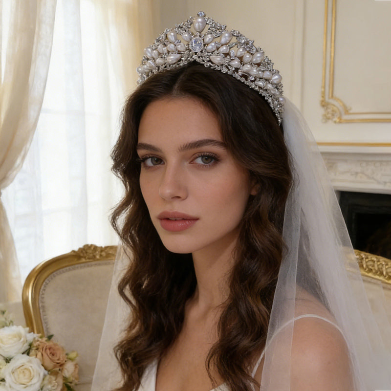 Lustrous Pearl & Crystal Tiara – Opulent Bridal Crown for Weddings, Birthday & Special Occasions