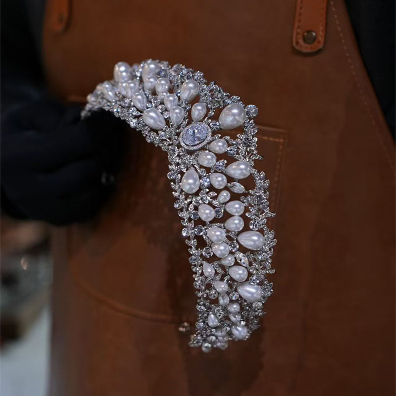 Lustrous Pearl & Crystal Tiara – Opulent Bridal Crown for Weddings, Birthday & Special Occasions