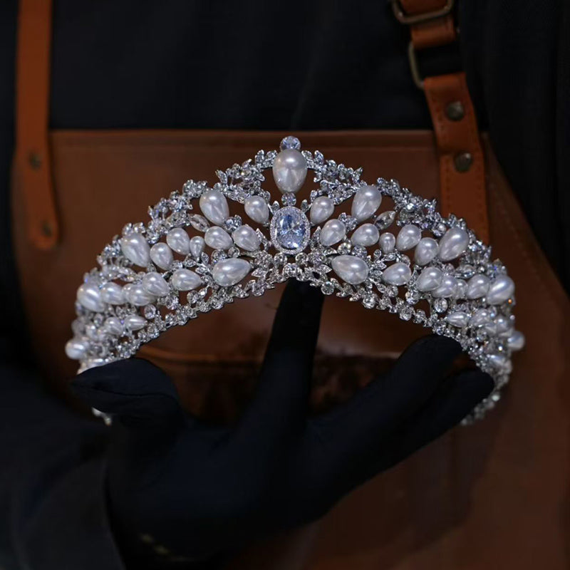 Lustrous Pearl & Crystal Tiara – Opulent Bridal Crown for Weddings, Birthday & Special Occasions