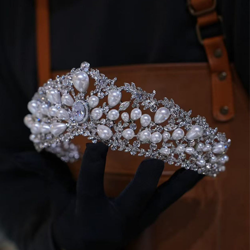Lustrous Pearl & Crystal Tiara – Opulent Bridal Crown for Weddings, Birthday & Special Occasions