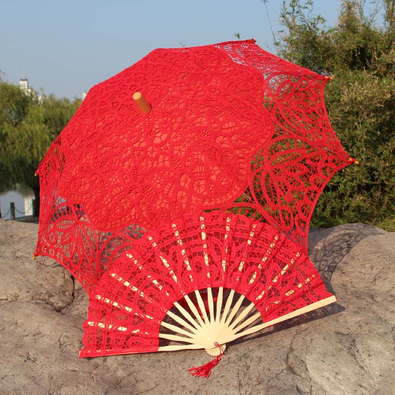 Battenberg Red Wedding Lace Parasol and Fan