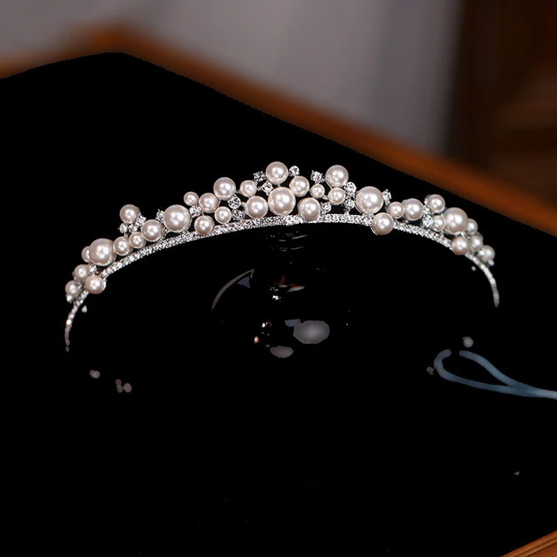 Simple Chic Pearl Rhinestone Tiara Bridal Hairpiece Wedding Hair Accessories