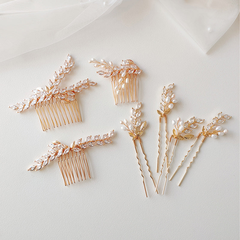 Vintage Elegant Hair Comb And Pin with Sparkling Zircon Leaf