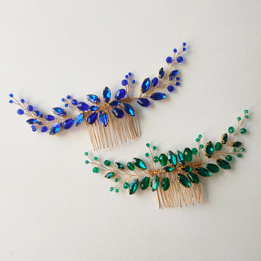 Blue Green Crystal Hair Comb for Women Bride Party