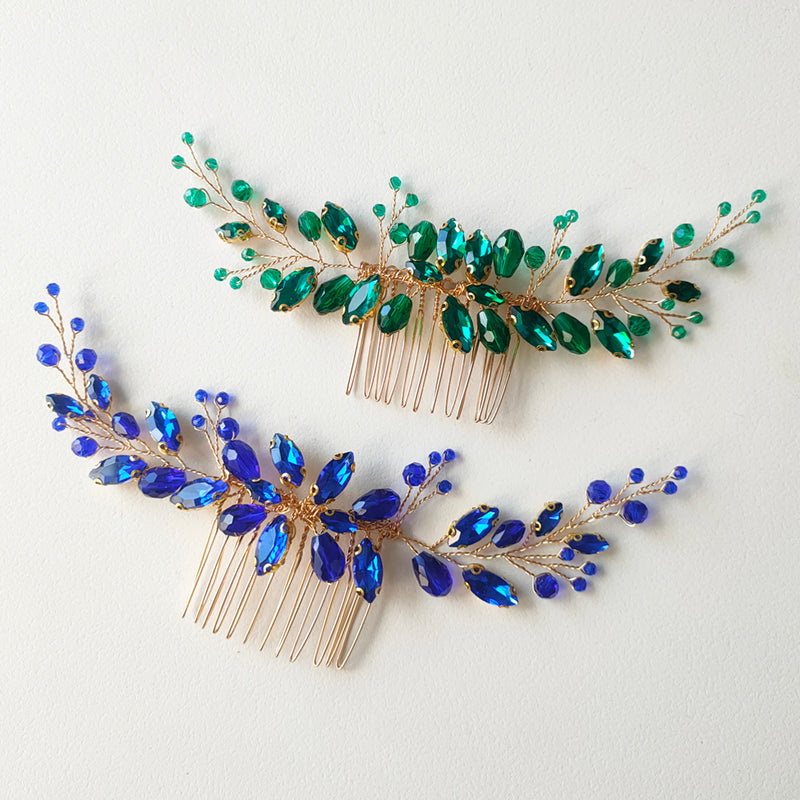 Blue Green Crystal Hair Comb for Women Bride Party