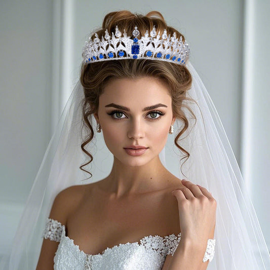 Luxury Elegant Blue CZ Royal Replica Wedding Bridal Tiara Hair Crown