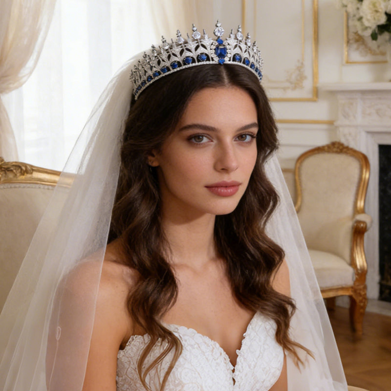 Luxury Elegant Blue CZ Royal Replica Wedding Bridal Tiara Hair Crown