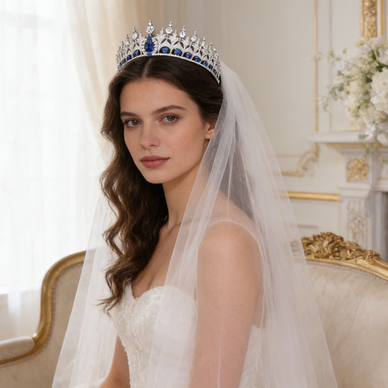 Luxury Elegant Blue CZ Royal Replica Wedding Bridal Tiara Hair Crown