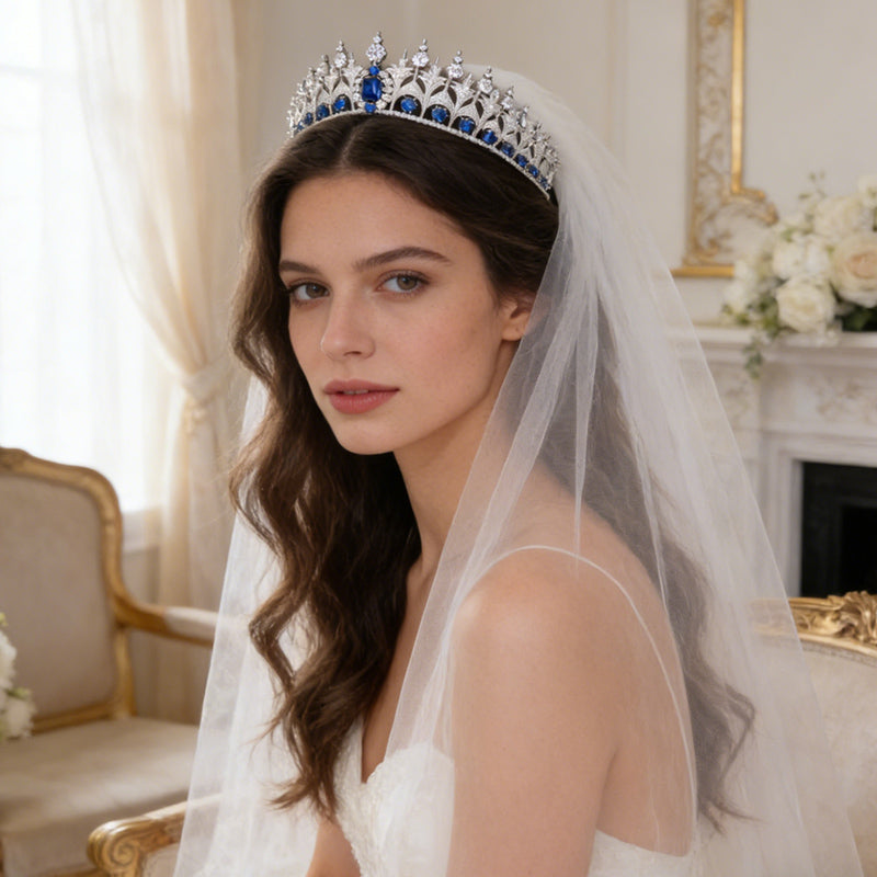 Luxury Elegant Blue CZ Royal Replica Wedding Bridal Tiara Hair Crown