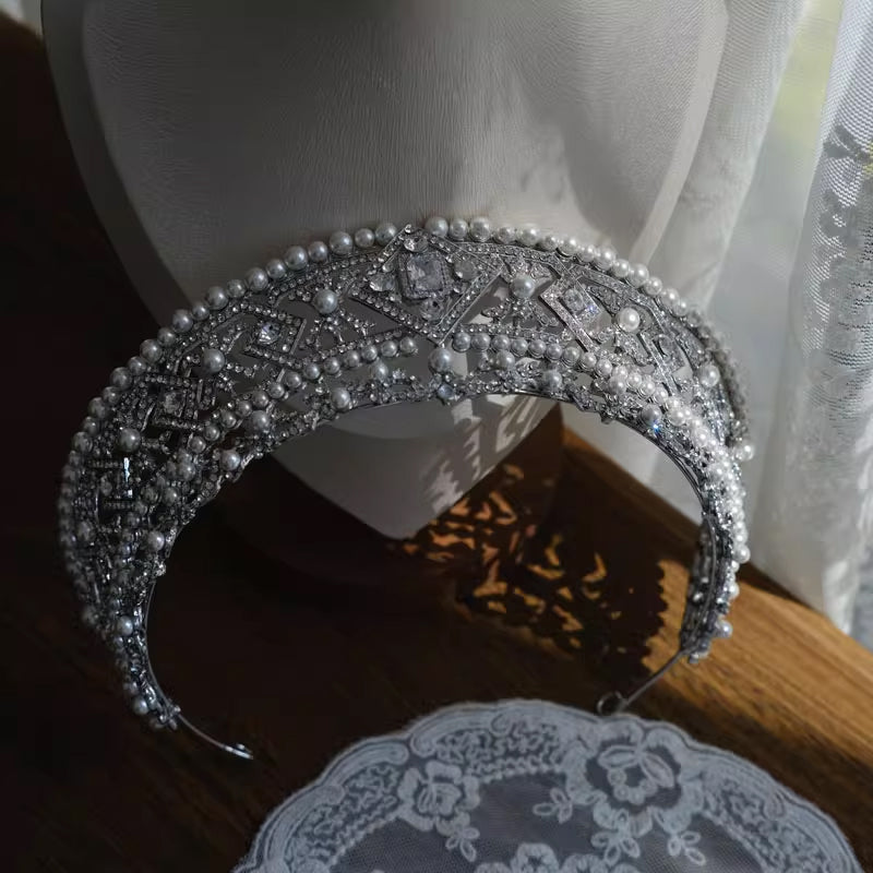 Silver Rhinestone Pearl Princess Wedding Bridal Crown