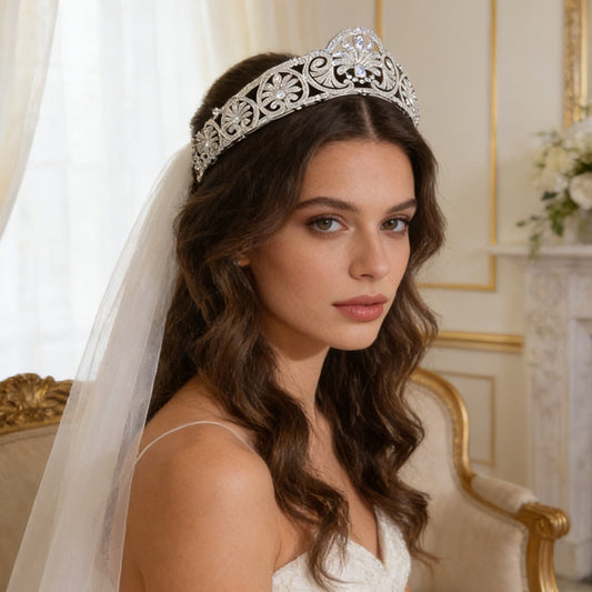 Vintage Flower CZ Royal Wedding Bridal Crown