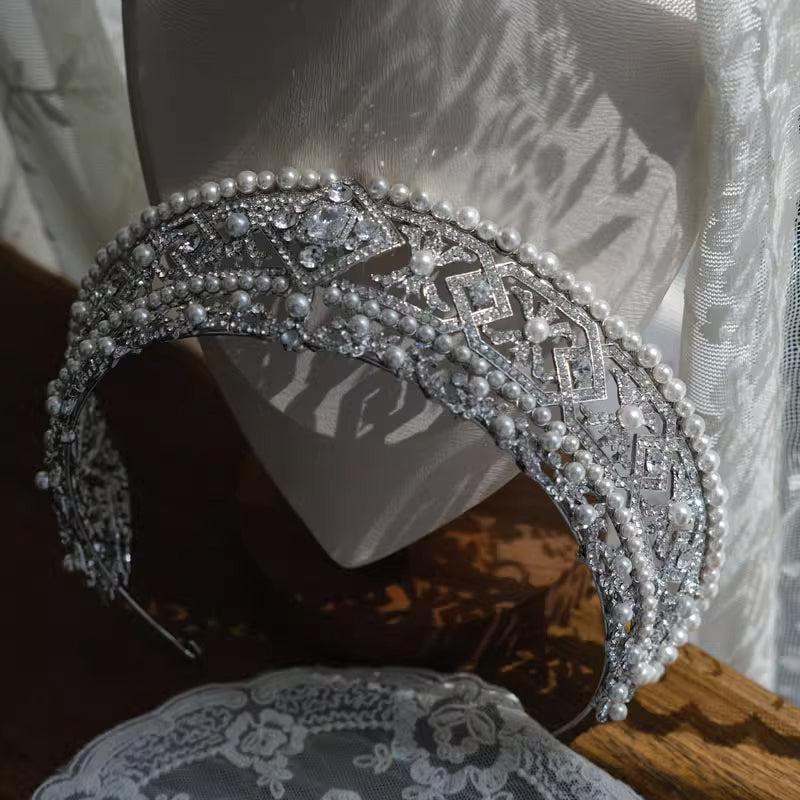 Silver Rhinestone Pearl Princess Wedding Bridal Crown