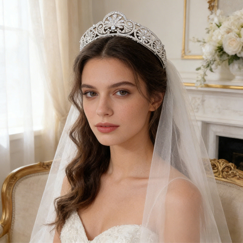 Vintage Flower CZ Royal Wedding Bridal Crown