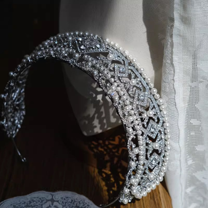 Silver Rhinestone Pearl Princess Wedding Bridal Crown