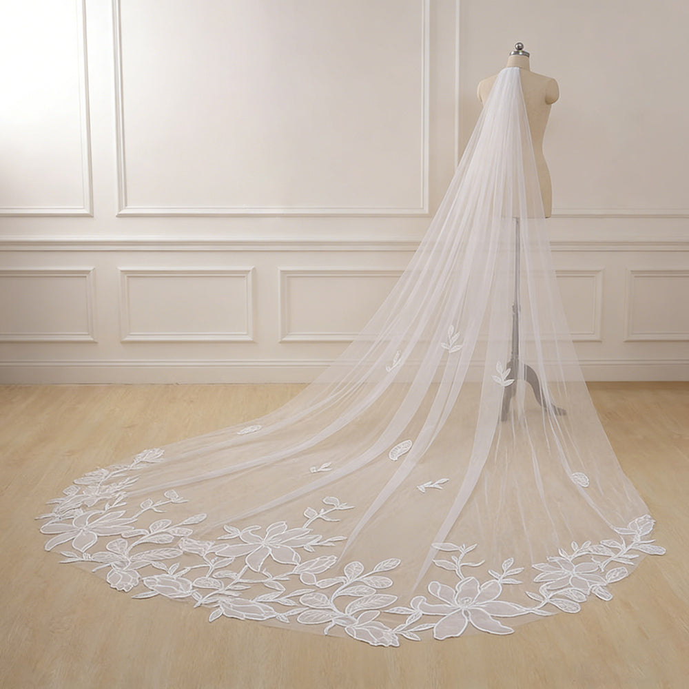 Soft Tulle Long Veil Flower and Leaves Applique Wedding Veils