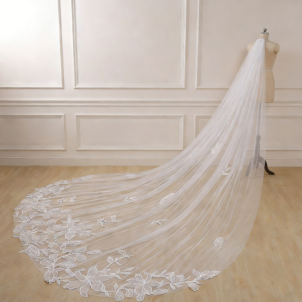 Soft Tulle Long Veil Flower and Leaves Applique Wedding Veils