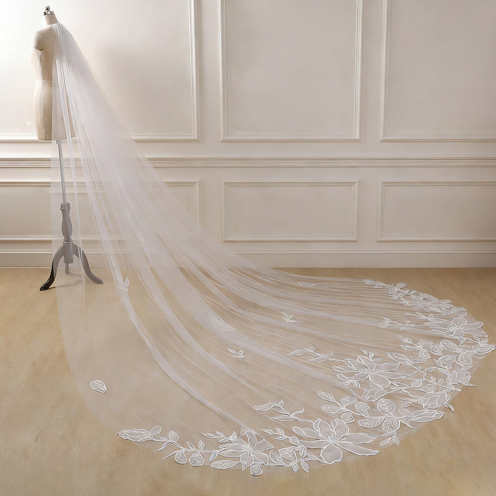 Soft Tulle Long Veil Flower and Leaves Applique Wedding Veils