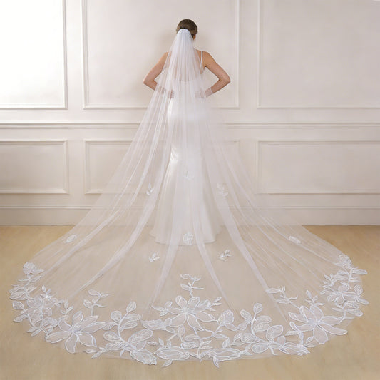 Soft Tulle Long Veil Flower and Leaves Applique Wedding Veils