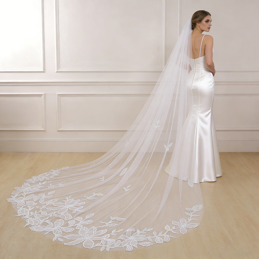 Soft Tulle Long Veil Flower and Leaves Applique Wedding Veils