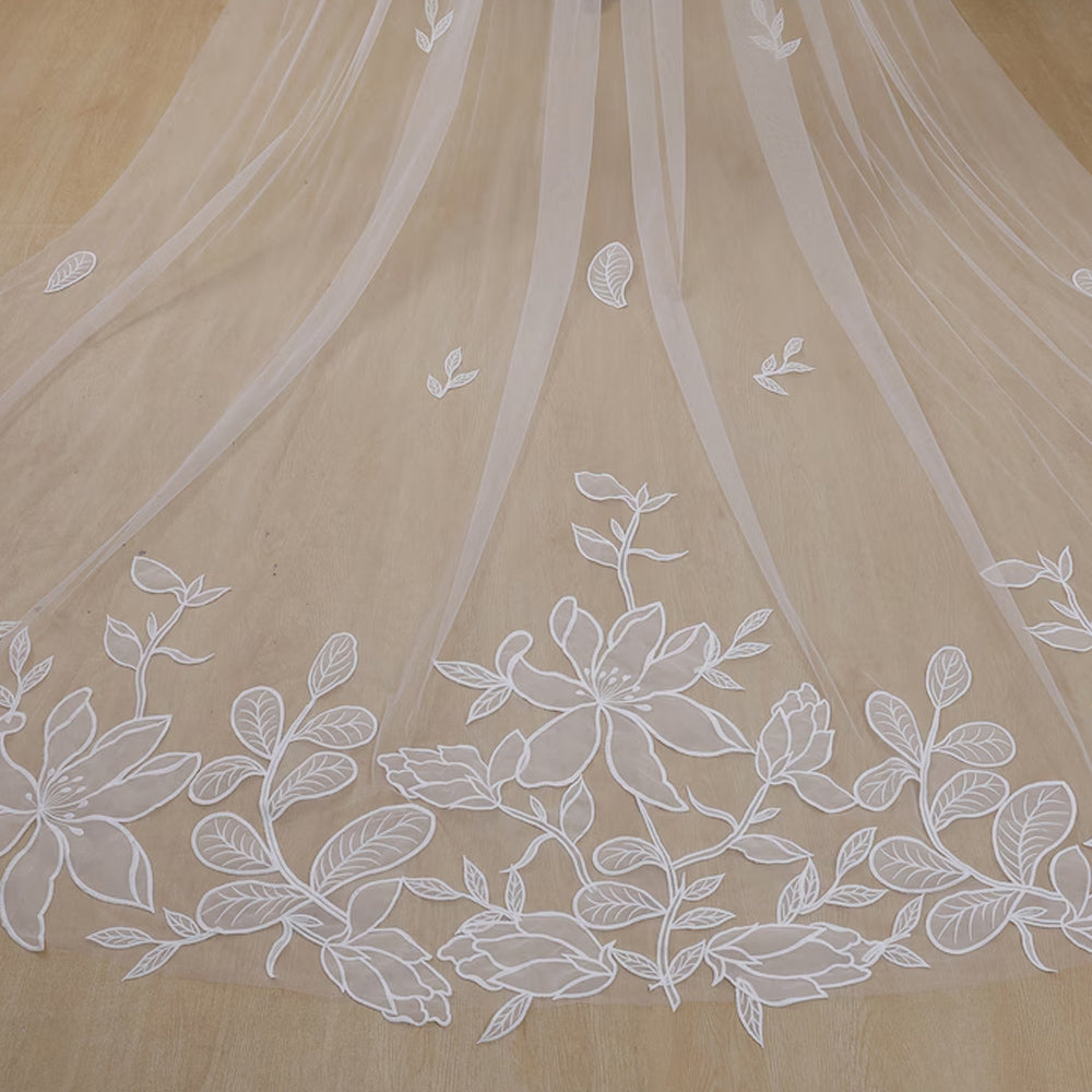 Soft Tulle Long Veil Flower and Leaves Applique Wedding Veils