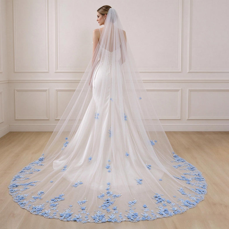 Something Blue 3D Floral Wedding Bridal Veils With Silver Comb