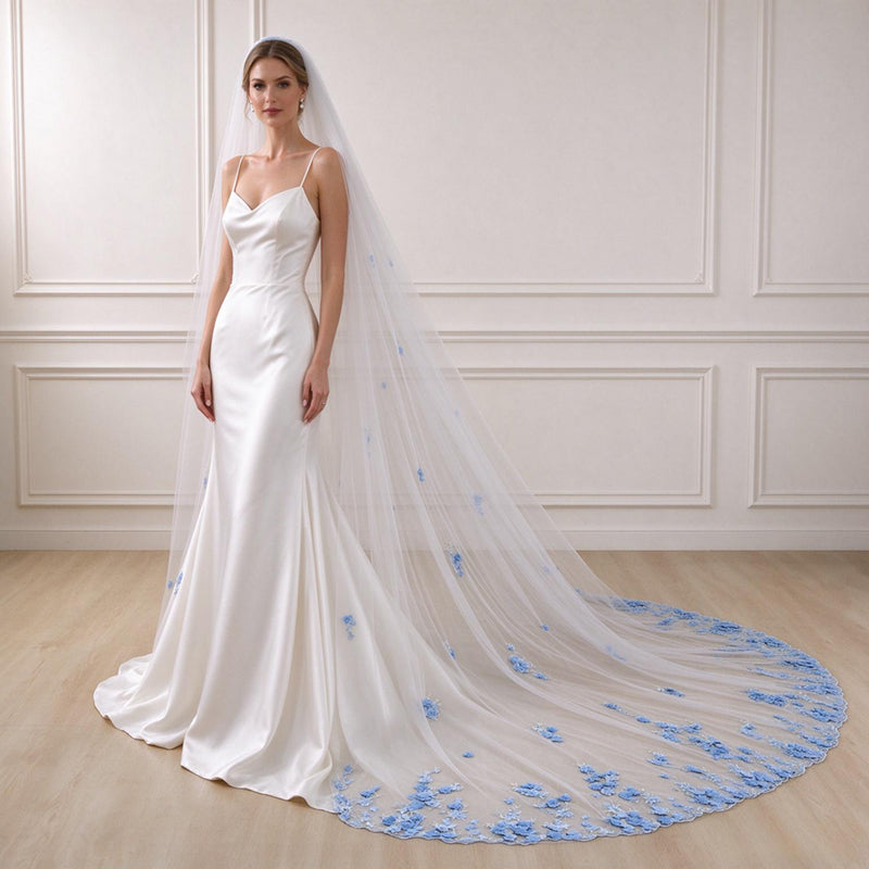 Something Blue 3D Floral Wedding Bridal Veils With Silver Comb