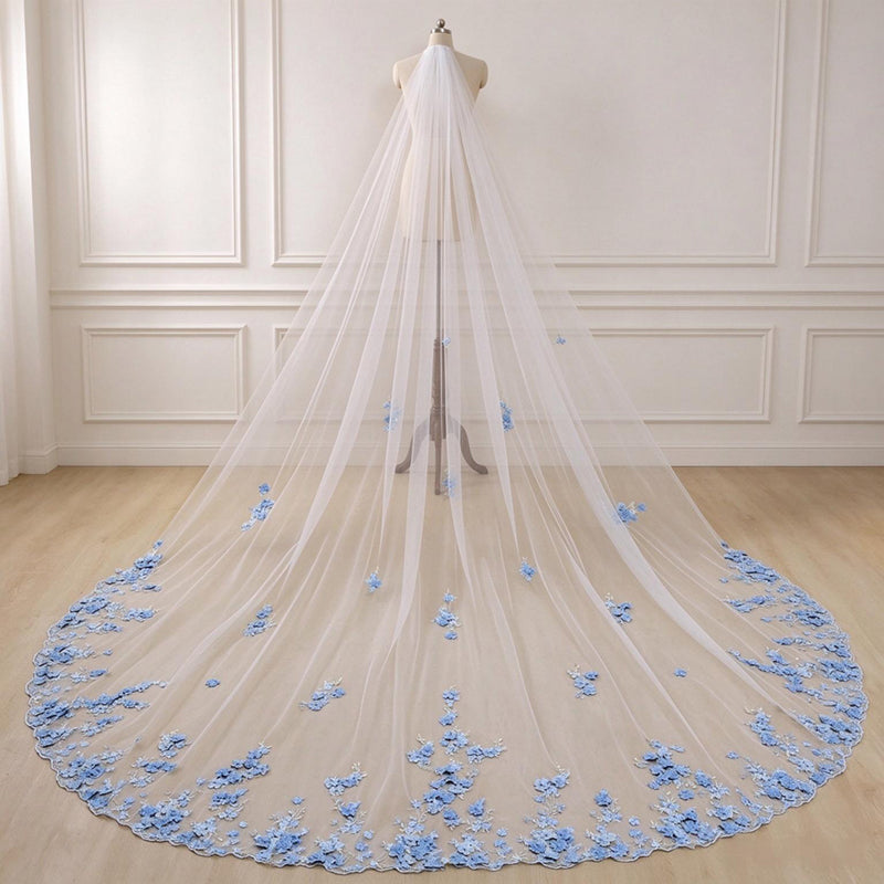 Something Blue 3D Floral Wedding Bridal Veils With Silver Comb