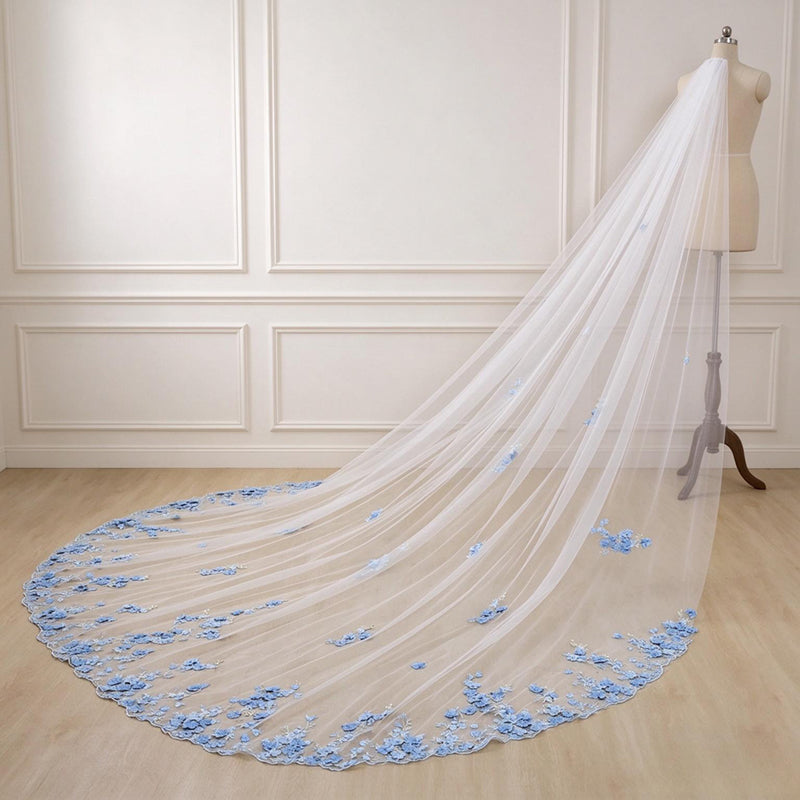 Something Blue 3D Floral Wedding Bridal Veils With Silver Comb