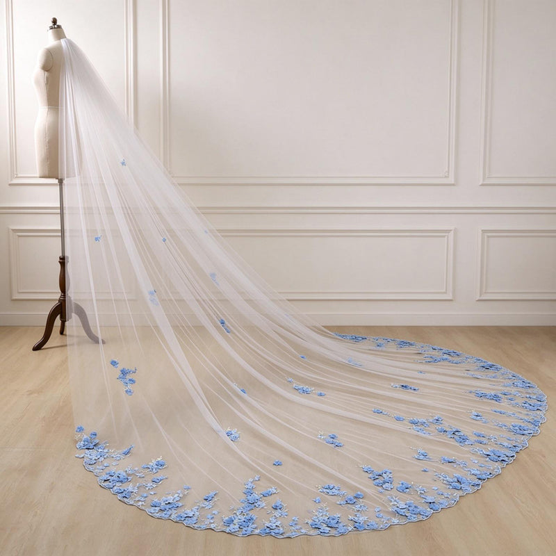 Something Blue 3D Floral Wedding Bridal Veils With Silver Comb