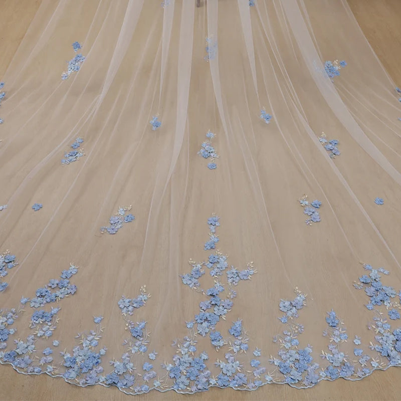 Something Blue 3D Floral Wedding Bridal Veils With Silver Comb