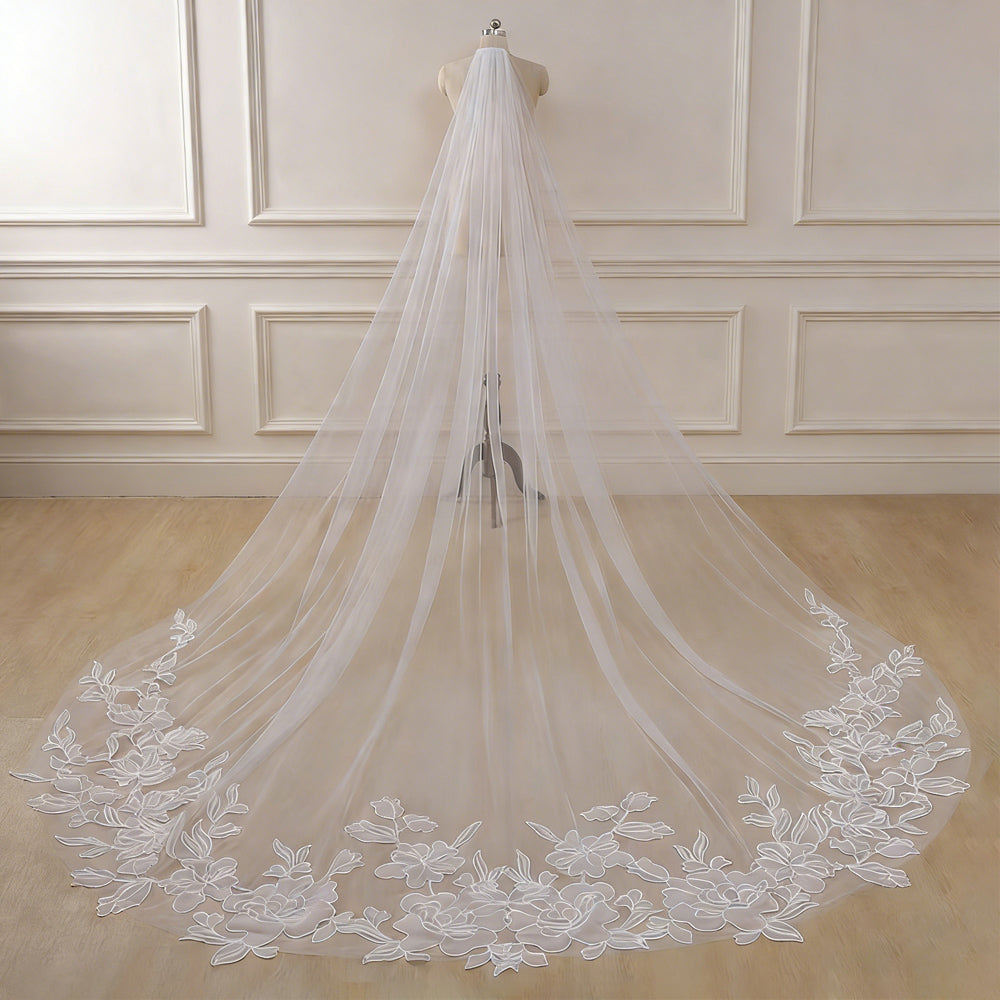 3M Long Flower Embroidery Veils Wedding Bridal Cathedral Veil with Comb