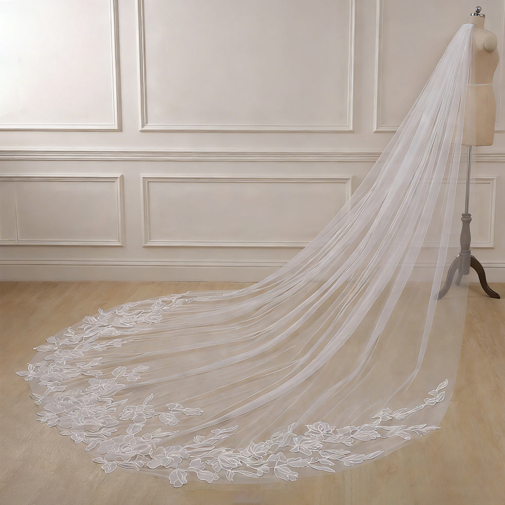 3M Long Flower Embroidery Veils Wedding Bridal Cathedral Veil with Comb