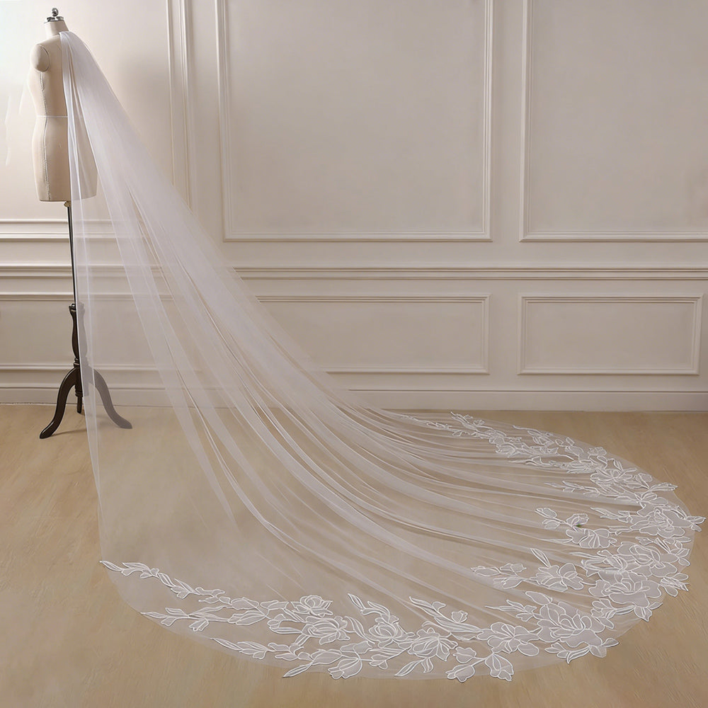 3M Long Flower Embroidery Veils Wedding Bridal Cathedral Veil with Comb