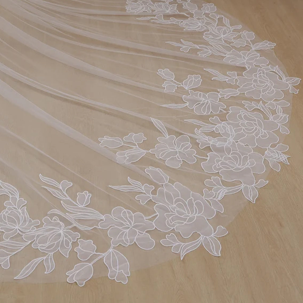 3M Long Flower Embroidery Veils Wedding Bridal Cathedral Veil with Comb