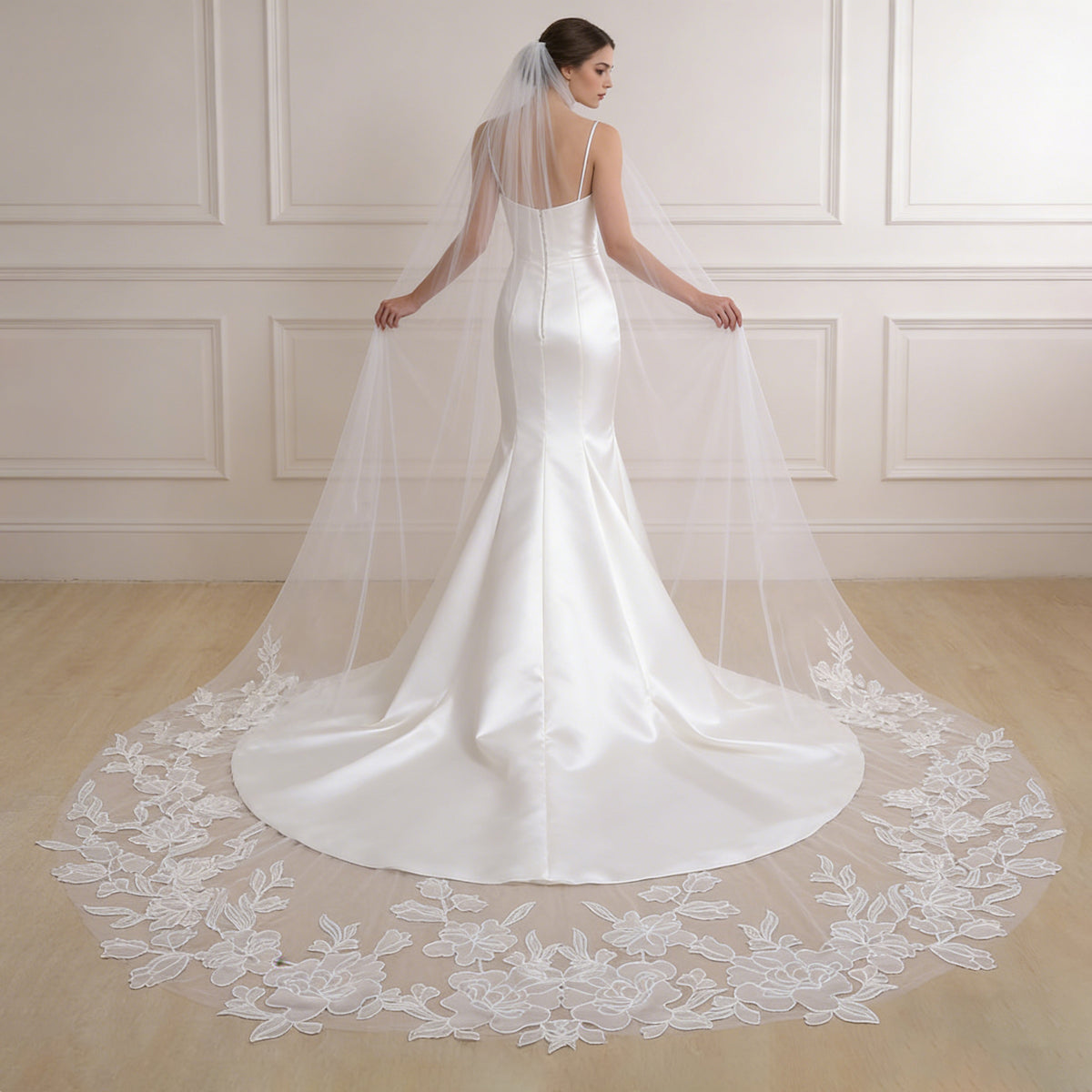 3M Long Flower Embroidery Veils Wedding Bridal Cathedral Veil with Comb