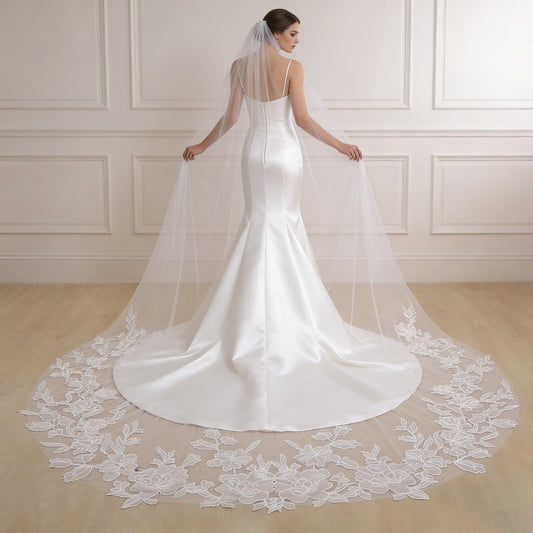 3M Long Flower Embroidery Veils Wedding Bridal Cathedral Veil with Comb