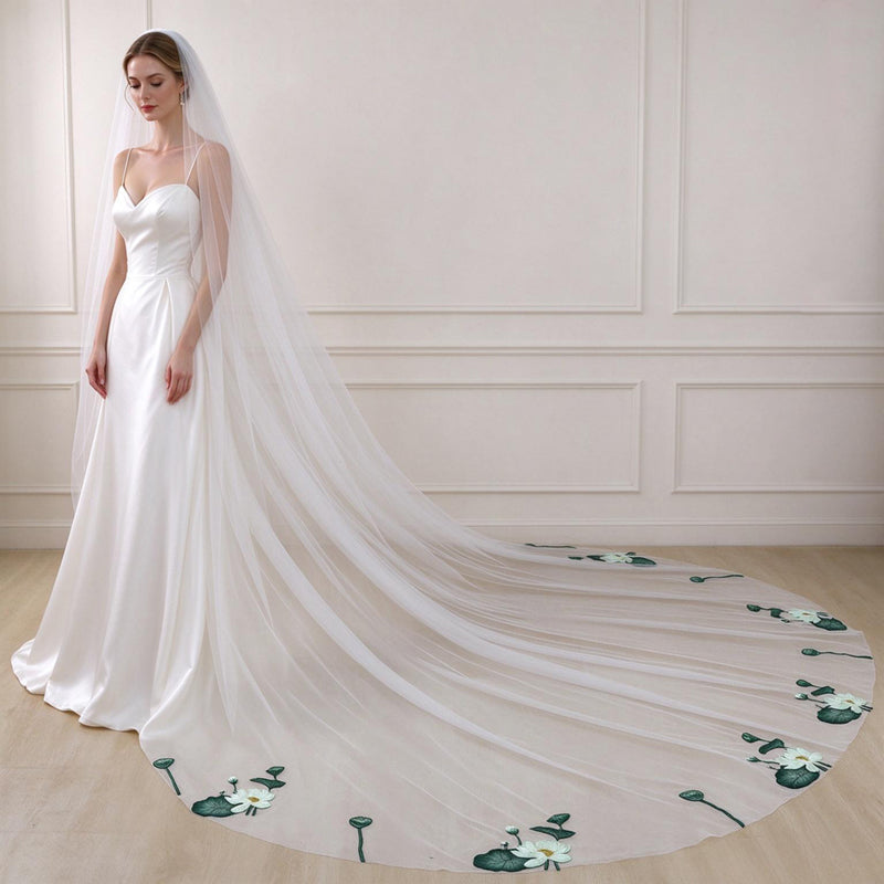 Green Lotus Flower Tulle Long Cathedral Veil