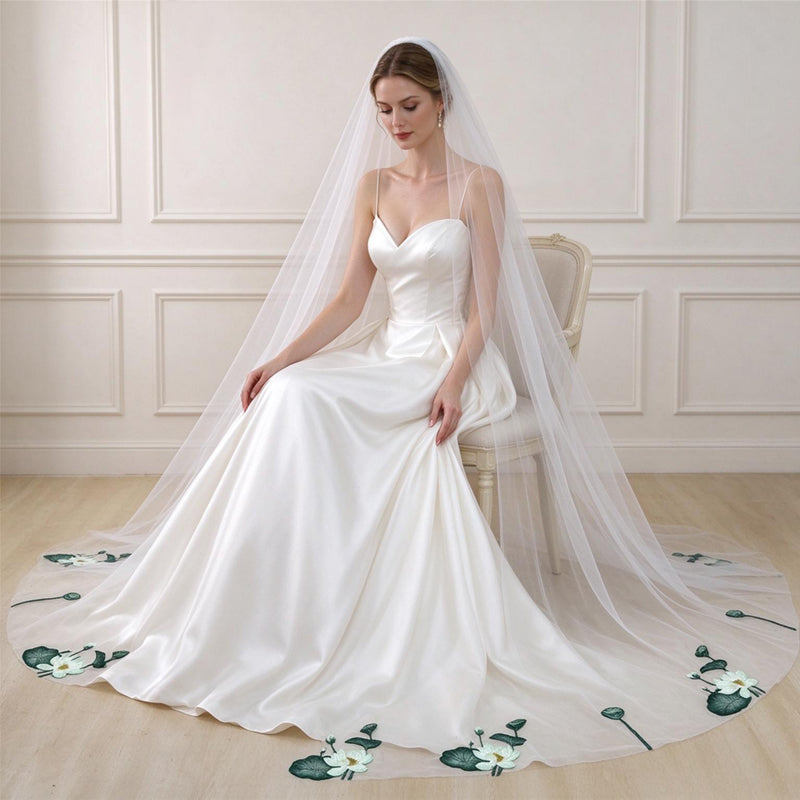 Green Lotus Flower Tulle Long Cathedral Veil