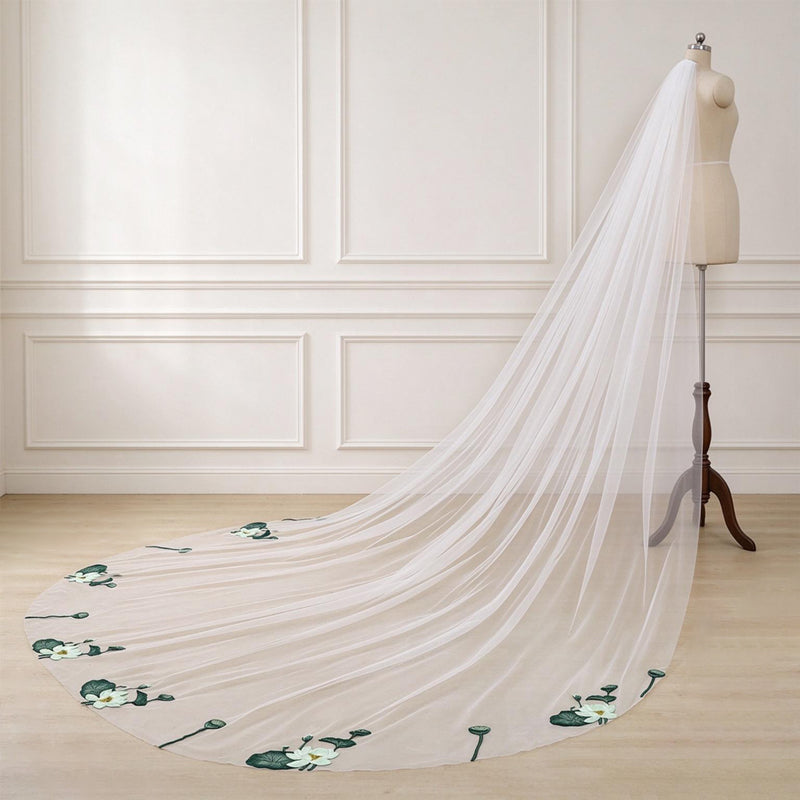 Green Lotus Flower Tulle Long Cathedral Veil