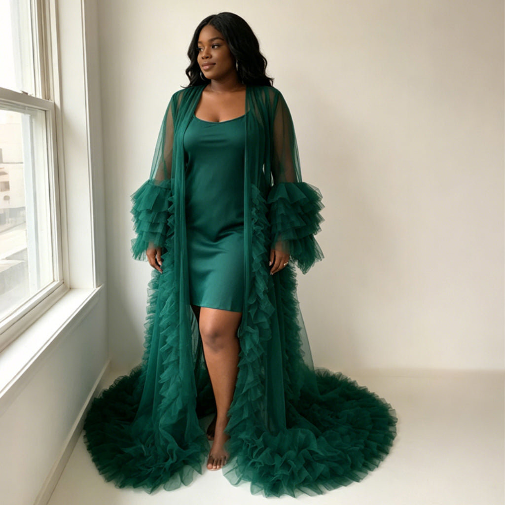 Emerald Green Ruffle Tulle Robe with Long Train, Plus Size Photoshoot Robe, Maternity Boudoir Bridal Sheer Kimono Cover Up