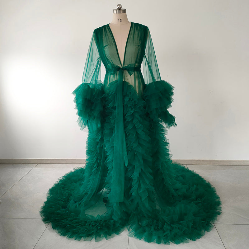 Emerald Green Ruffle Tulle Robe with Long Train, Plus Size Photoshoot Robe, Maternity Boudoir Bridal Sheer Kimono Cover Up