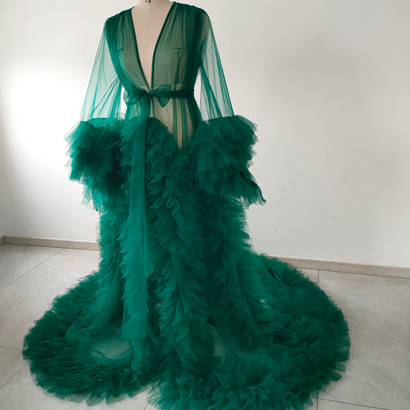 Emerald Green Ruffle Tulle Robe with Long Train, Plus Size Photoshoot Robe, Maternity Boudoir Bridal Sheer Kimono Cover Up