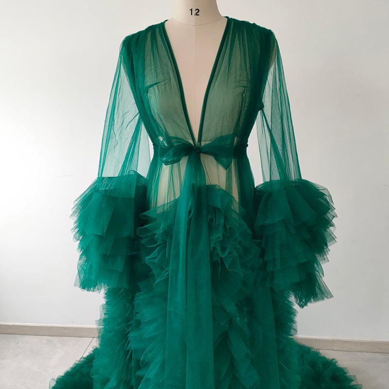 Emerald Green Ruffle Tulle Robe with Long Train, Plus Size Photoshoot Robe, Maternity Boudoir Bridal Sheer Kimono Cover Up