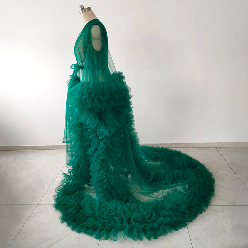 Emerald Green Ruffle Tulle Robe with Long Train, Plus Size Photoshoot Robe, Maternity Boudoir Bridal Sheer Kimono Cover Up