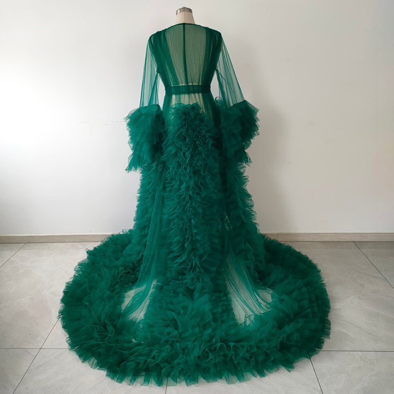 Emerald Green Ruffle Tulle Robe with Long Train, Plus Size Photoshoot Robe, Maternity Boudoir Bridal Sheer Kimono Cover Up