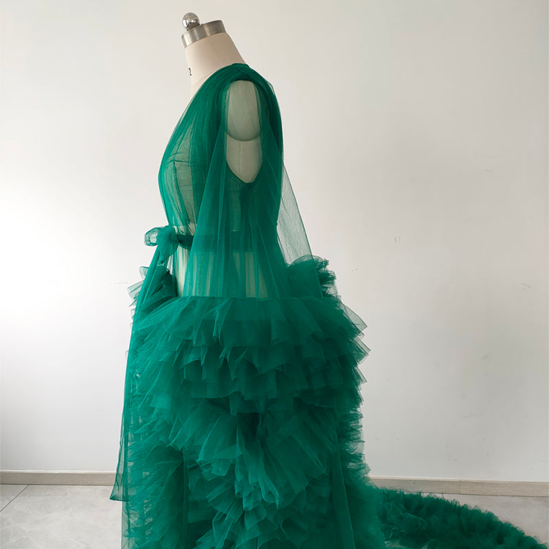 Emerald Green Ruffle Tulle Robe with Long Train, Plus Size Photoshoot Robe, Maternity Boudoir Bridal Sheer Kimono Cover Up